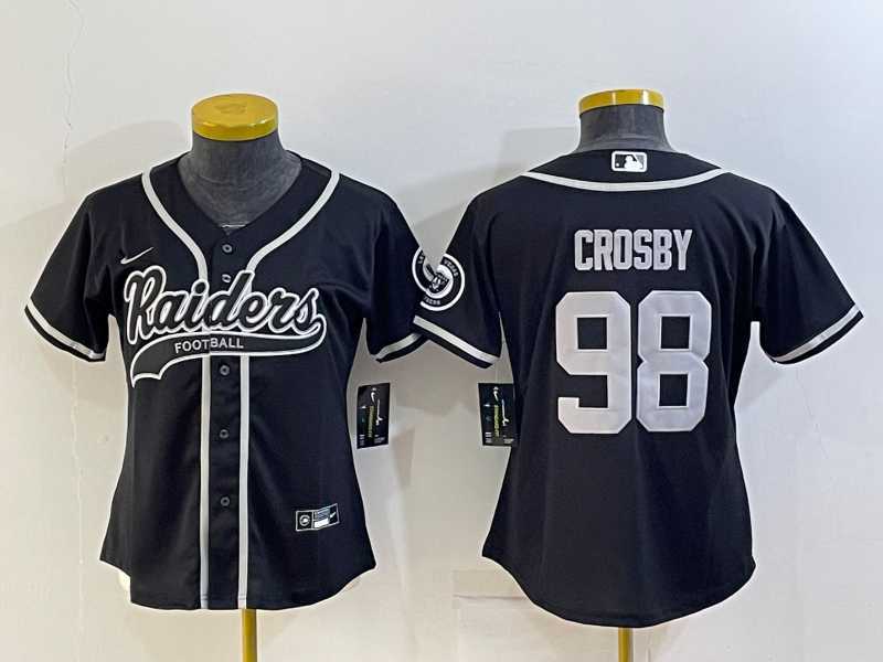 Womens Las Vegas Raiders #98 Maxx Crosby Black With Patch Cool Base Stitched Baseball Jersey->women nfl jersey->Women Jersey